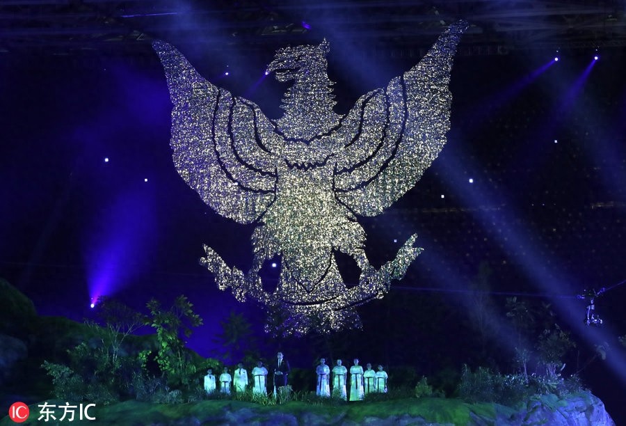 亚洲的力量！2018年雅加达亚运会开幕 巨型舞台效果壮观